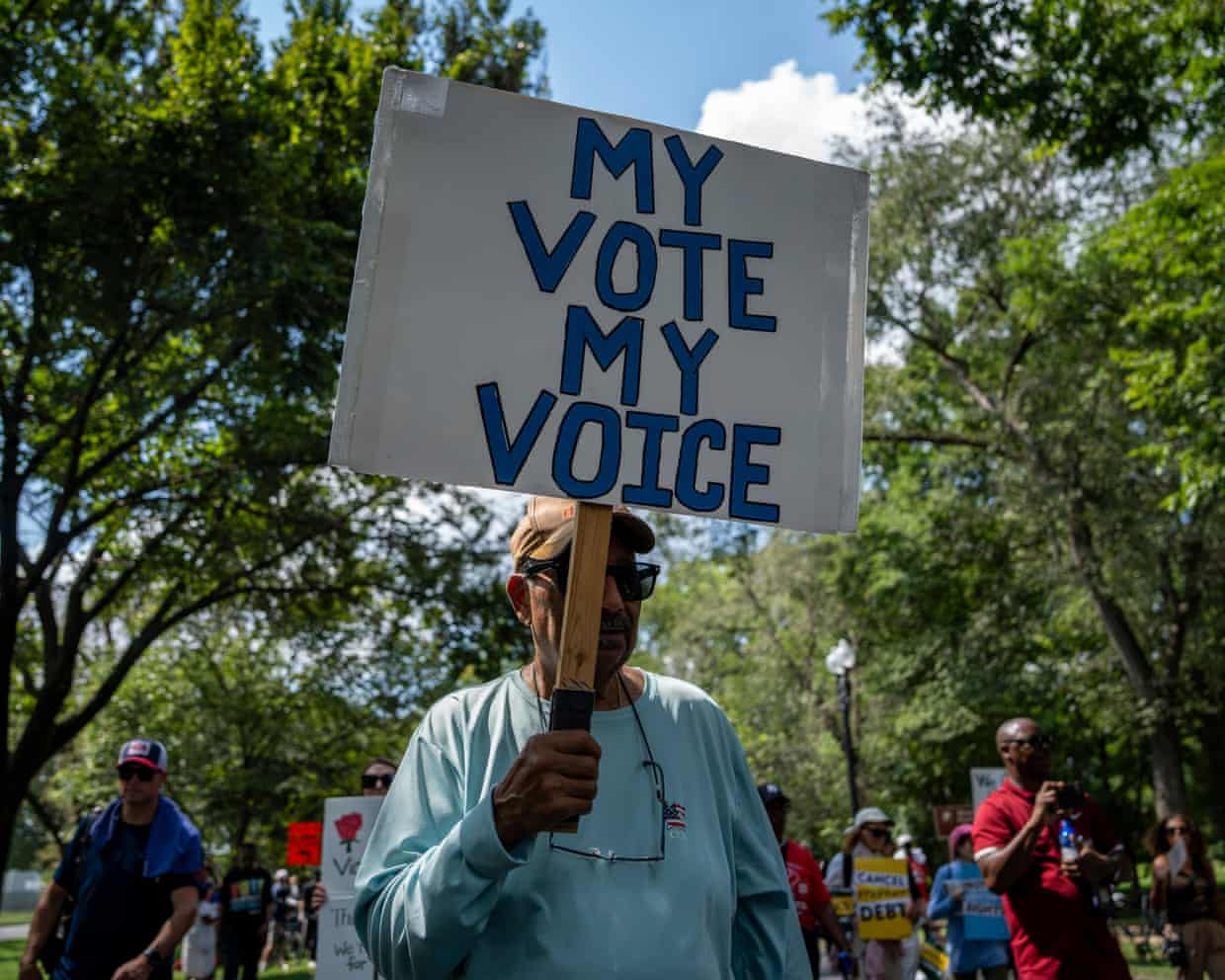 A ‘defend the vote’ rally on the 63rd anniversary of the 1963 march on Washington for civil rights, in Washington DC on 28 August.